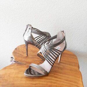 Steve Madden Silver Strappy Heels | Size 9.5 | Metallic Party Stilettos Back Zip
